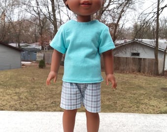 Made for 14.5&quot; Inch WW Size Dolls, Teal and Grey Plaid Short Pants, Teal T-Shirt, with Shoes.  For Boy or Girl Dolls.