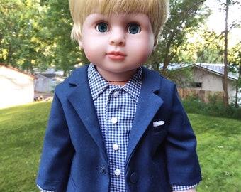 Made for 18 Inch Size Boy Dolls, Business Casual Navy Blue Suit Outfit,  Pants, Coat, Blue Check Shirt, with Black