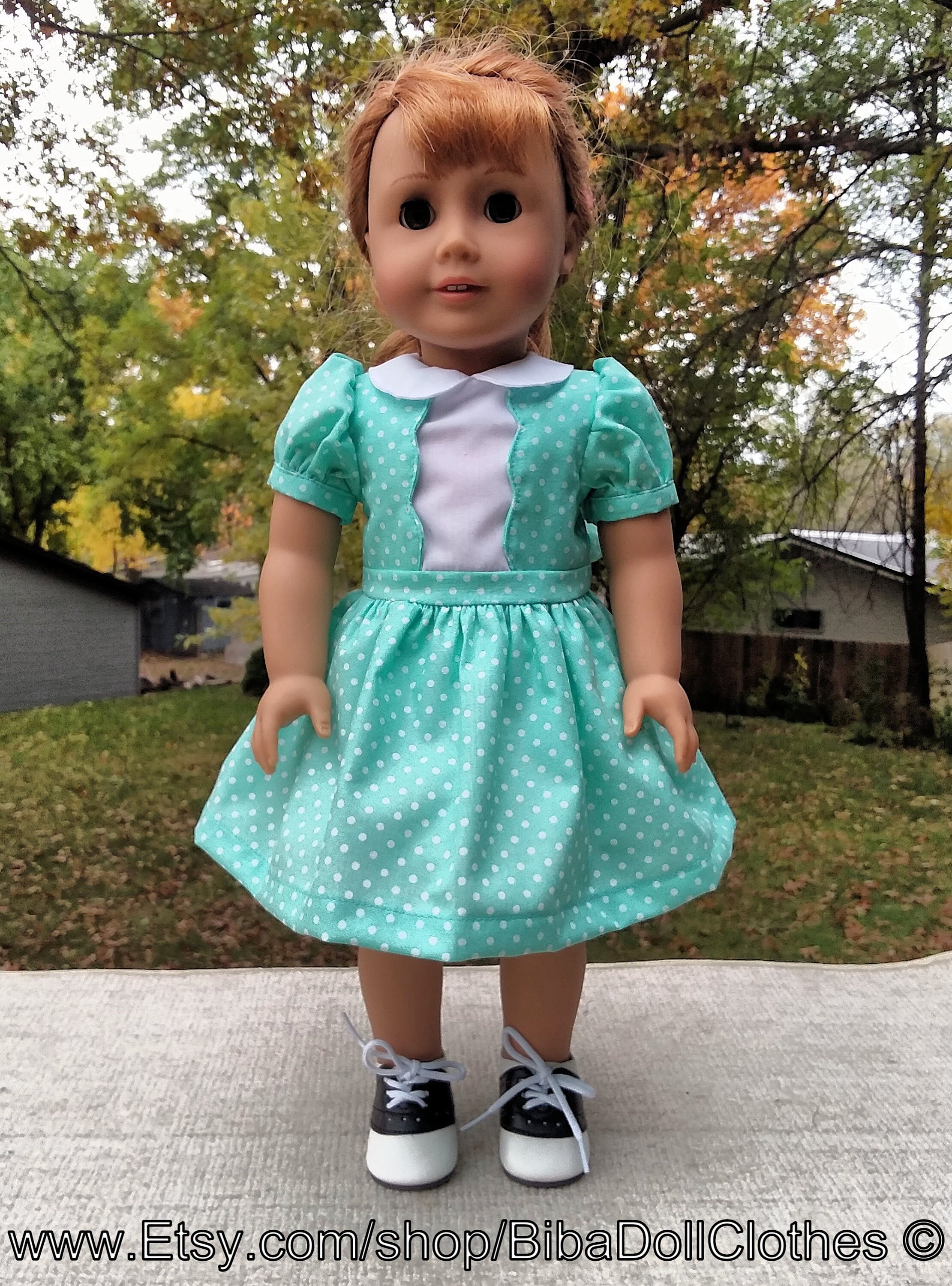 Pattern Fifties Baby Doll Dress Made For 18 Inch Size Dolls, Teal Polka Dot  1950's Style