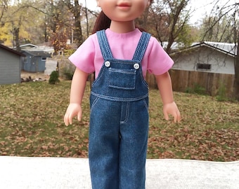 Made for 14.5&quot; Inch WW Size Dolls, Denim Blue Jean Bib Overalls Pink T-Shirt with Pink Sneakers Set. Just Like Ms. Rachel