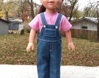 Made for 14.5" Inch WW Size Dolls, Denim Blue Jean Bib Overalls Pink T-Shirt with Pink Sneakers Set. Just Like Ms. Rachel