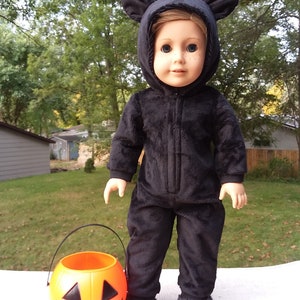 Made for 18 Inch Size Dolls, Black Kitty Cat Halloween Zippered Pajama Playsuit With Fussy Slippers.