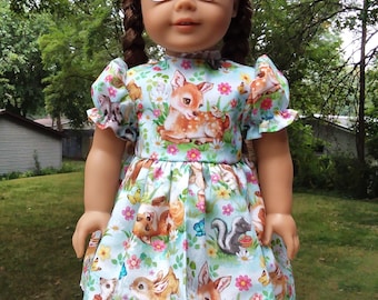 Made for 18 Inch Size Dolls, Woodland Forest Friends Baby Fawn Dress with White Lace Trim.