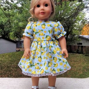 Made for 18 inch Size Dolls, Yellow Lemon Blue Dress with Lace Trim.