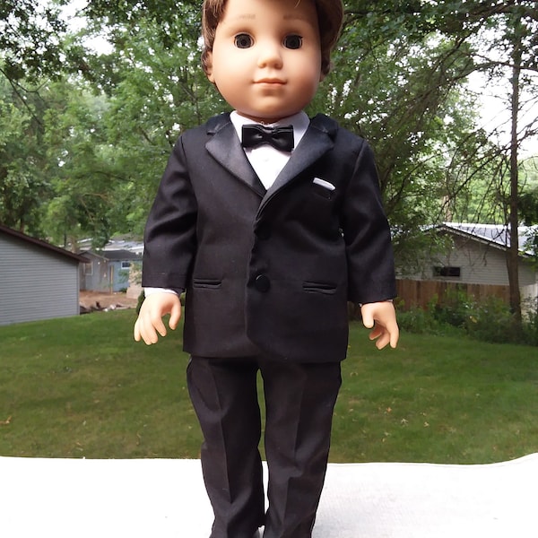 Made for 18 Inch Size Boy Dolls, Black Tuxedo Outfit with Black Vest with Shoes.