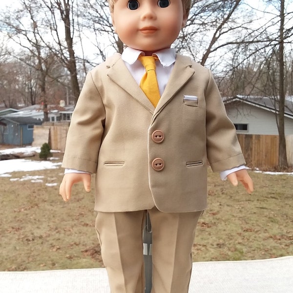 Made for 18 Inch Size Boy Dolls, Tan Suit, White Shirt, Mustard Tie, and Brown Shoes. Bill Smith's Style