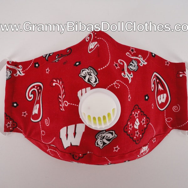 UW Wisconsin Bucky Badger Face Mask with Pocket and Vent Adult Size | Reusable Washable Breathable 2 Layers | 100% Cotton Fabric Handmade