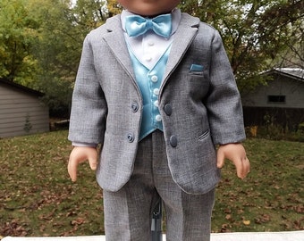 Made for 18 Inch Size Boy Dolls, Light Grey Tuxedo Outfit with Shoes