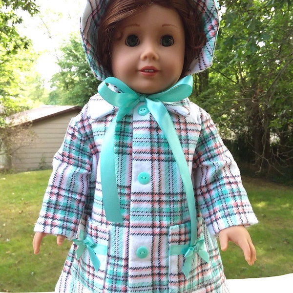 Made for 18 Inch Size Dolls, White Aqua Plaid Coat with Bonnet.