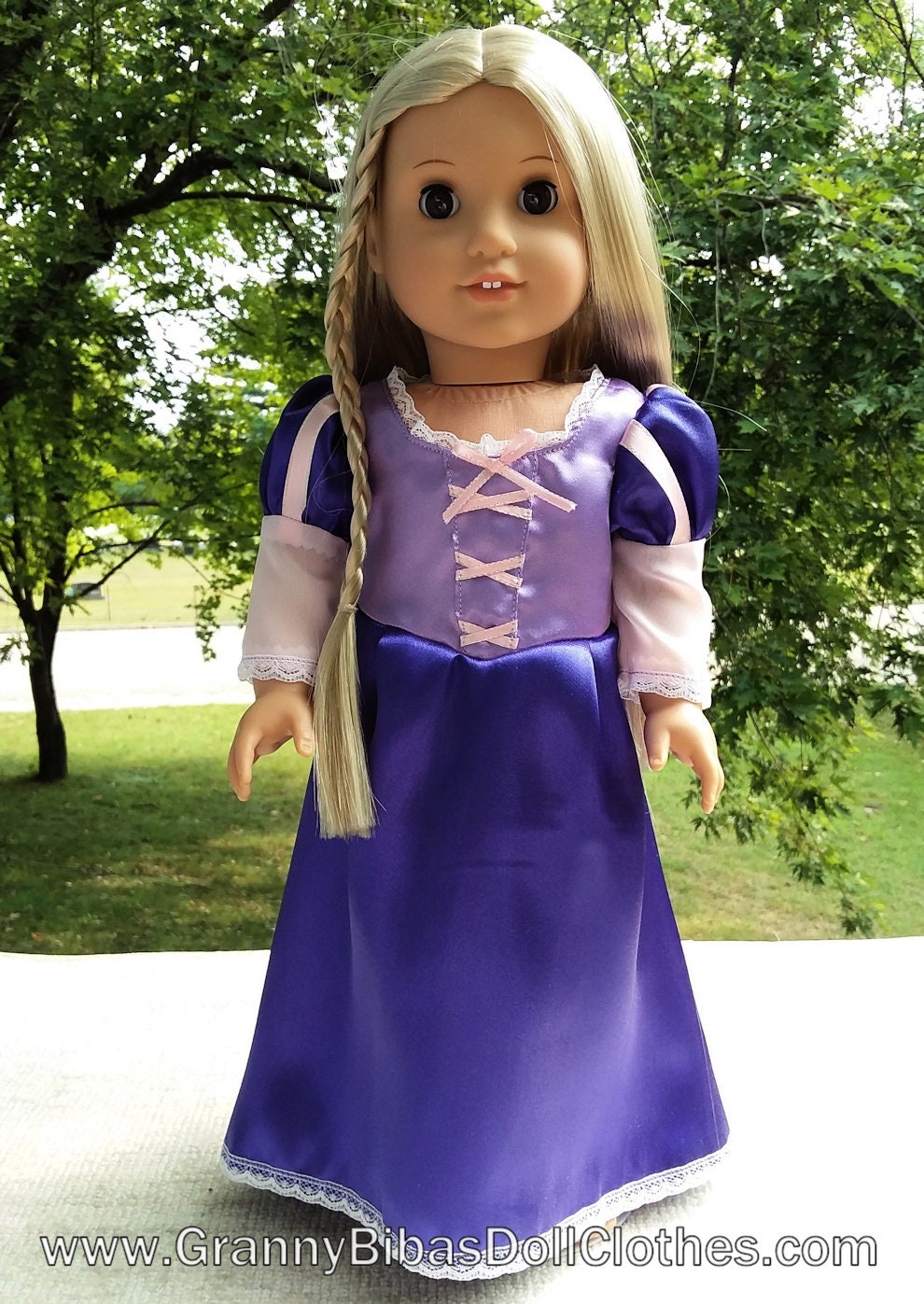 Made for 18 Inch Size Dolls, Rapunzel Princess Satin Gown.