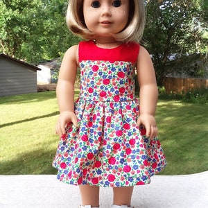 Made for 18 Inch Size Dolls, Kathy&#39;s Reddish Florel Midriff Dress with Reddish Yoke.