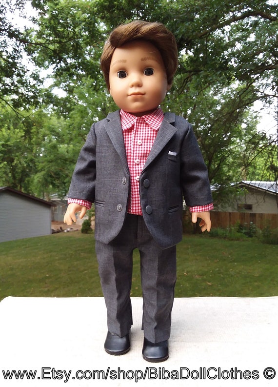 Made for 18 Inch Size Boy Dolls Mr. Business Casual Charcoal Grey Suit Outfit Pants Coat Red Plaid Shirt With Black Shoes. Etsy