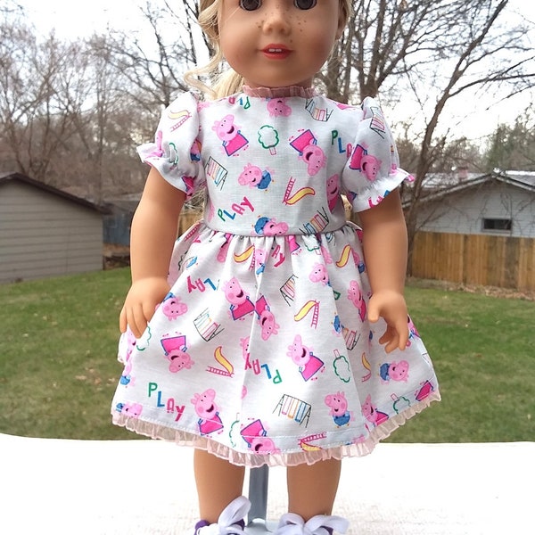 Made for 18 Inch Size Dolls, Peppa Pig Pink Dress with Lace Trim.