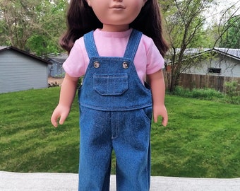 Made for 18 Inch Size Dolls, Denim Blue Jean Bib Overalls Pink T-Shirt with Pink Sneakers Set. Just Like Ms. Rachel.
