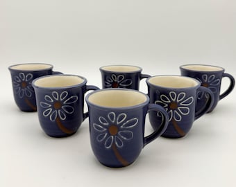 Set 6 Retired Pfaltzgraff Baja Mugs Cups Blue & Pink Cardon Cactus Flower Design
