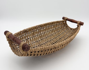 Vintage Grass Basket with Metal Frame and Wood Handles