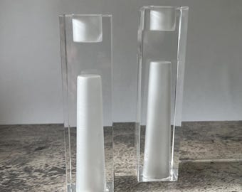 Pair Oleg Cassini Signed Crystal Clear Frosted Exclamation Point Vase Candle Holder Two Heights