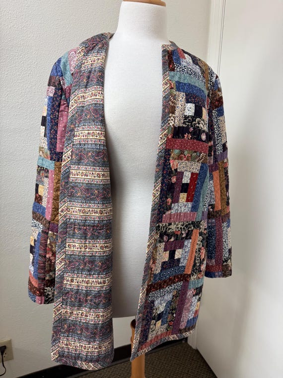 Handmade Patchwork Quilted Jacket: Open Front, In… - image 6