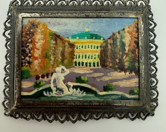 Vintage Metal Filigree Pin Hand Painted Miniature of Schonbrunn Palace Vienna Austria