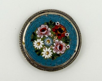 Vintage Round Micro Mosaic Glass Floral Pin Brooch Marked Italy As-Is