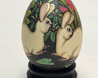 Hand Painted Bali Egg: Bunny & Plants, Wood Stand, Vintage 1992