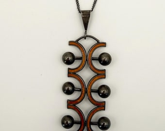 Vintage Modernist 925S Silver & Enamel Pendant by Norwegian Silversmith Willy Winnaess