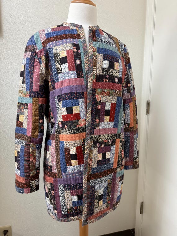 Handmade Patchwork Quilted Jacket: Open Front, In… - image 1