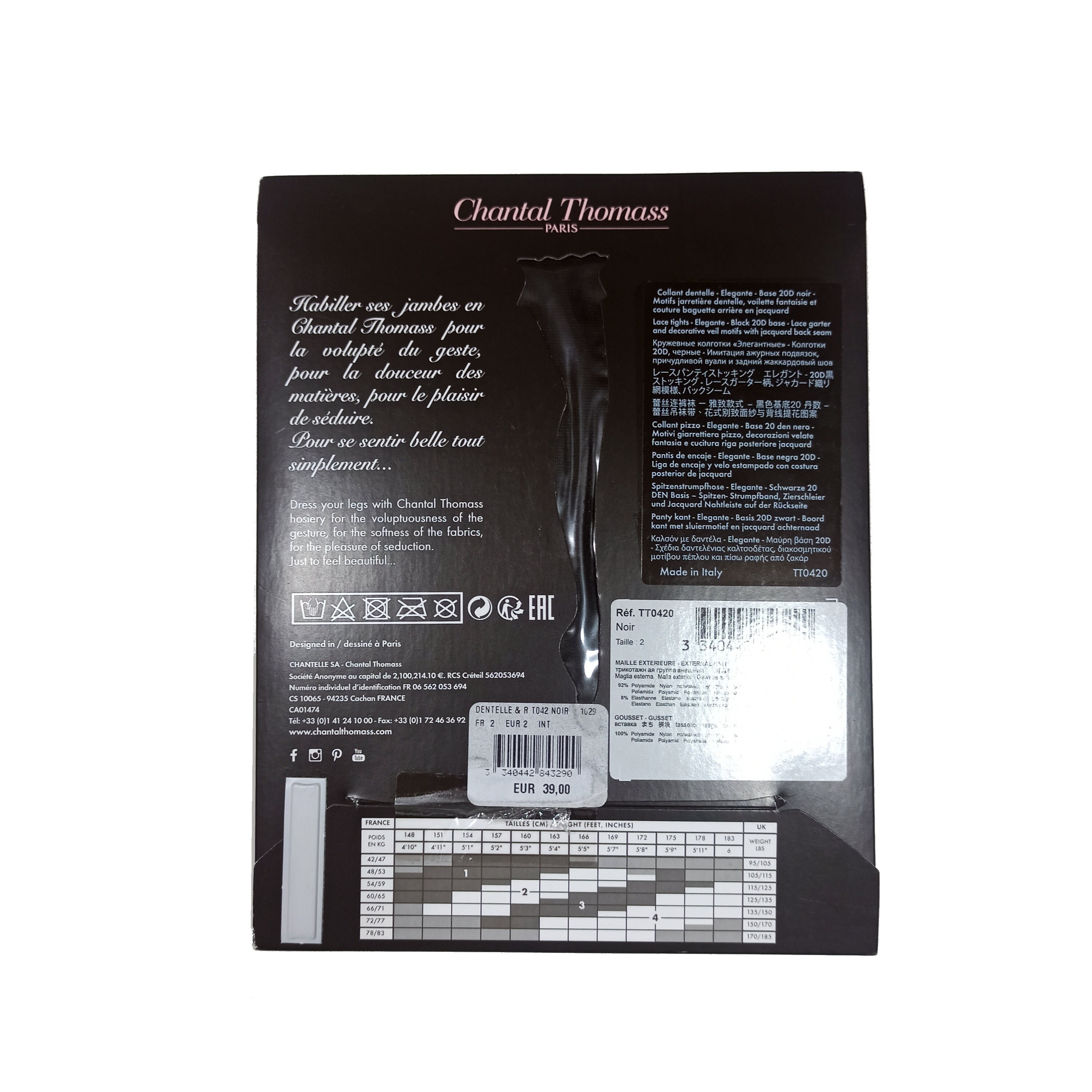 Collant Dentelle Chantal Thomass 20 Deniers Taille 1 Noir - Neuf Avec étiquettes, Référence TT6350