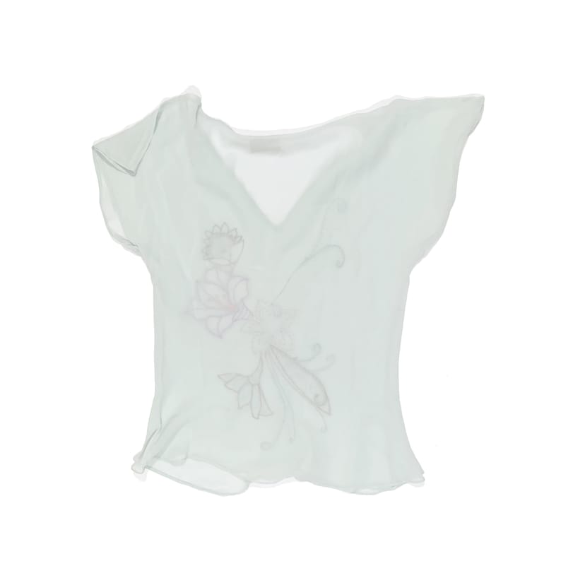 Puede incluir: Una blusa verde claro y transparente con cuello en V y mangas cortas. La blusa presenta un dise&ntilde;o floral en el centro, con detalles en rosa y blanco. La tela parece delicada y fluida, adecuada para climas c&aacute;lidos.