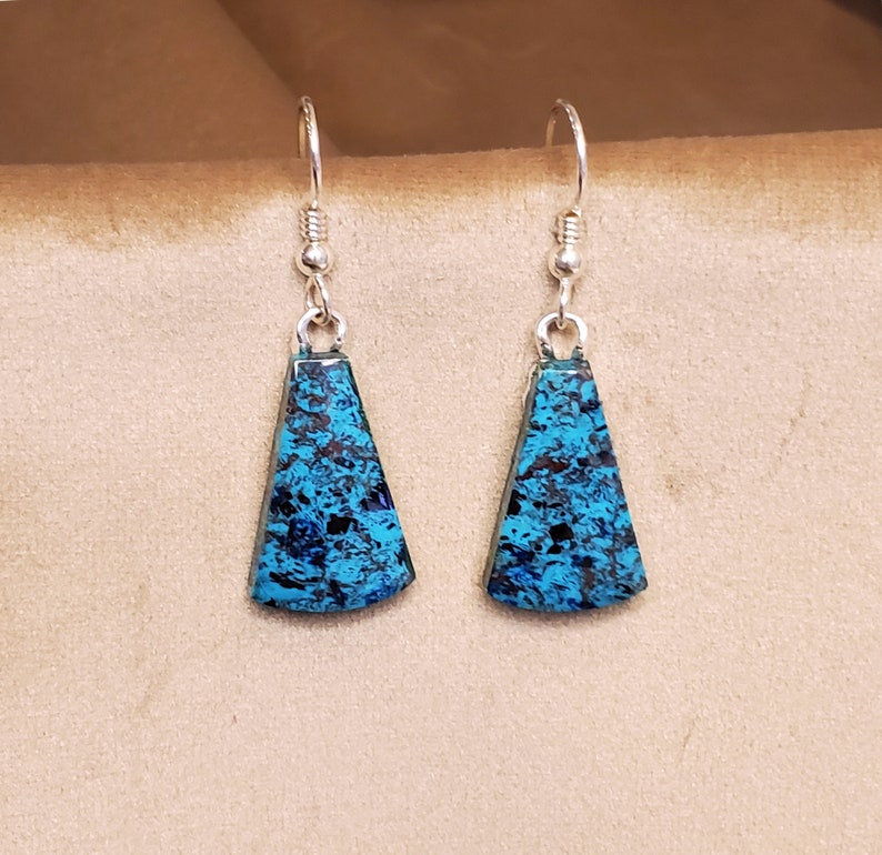 Azurite Natural Gemstone Drop Earrings Deep Turquoise Aqua and Black Sterling Silver French Hook Ear Wires