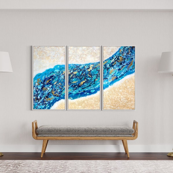 Original Abstract Acrylic Painting On Canvas 3 Piece Blue Multicolour Textured Large "Insolite"