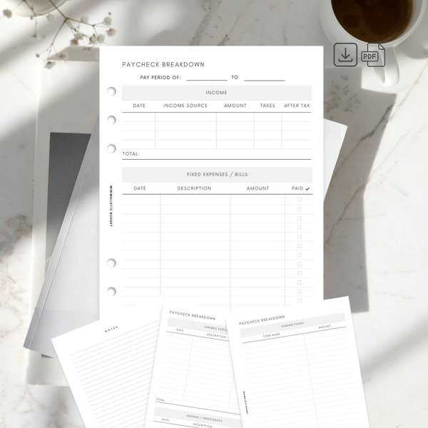 A5 Paycheck Breakdown Inserts | Printable PDF | Minimal and Aesthetic | Budgeting Tools