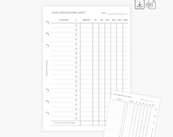 A5 cash breakdown | digital download | Cash Envelopes System | Minimal & Aesthetic Budgeting Tools | Stationery