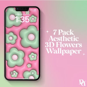 May include: A phone screen displaying a pink and green 3D flower wallpaper with the text "7 Pack Aesthetic 3D Flowers Wallpaper".