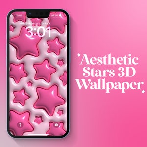 Puede incluir: Un teléfono inteligente rosa con un fondo de pantalla de patrón de estrellas 3D. La pantalla del teléfono muestra la hora 3:01 y el texto "Desliza hacia arriba para desbloquear". El texto "Aesthetic Stars 3D Wallpaper" se muestra en un fondo rosa.