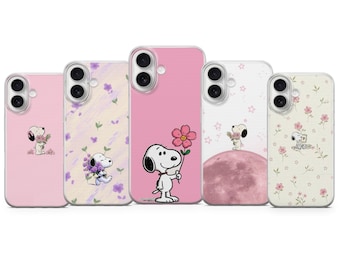Etui na telefon z motywem kwiatowym Snoopy w kolorze różowym do iPhone'a 17 Pro Max 16e 15 14 12 Samsung S25 Ultra S24 S25FE A17 A56 Pixel 10 XL 9a 8