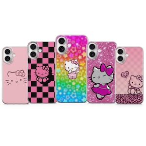 May include: Five phone cases featuring Hello Kitty designs. The cases showcase various patterns, including pink, black and white checkered, a rainbow star pattern, pink glitter, and a pink gingham design. Each case has a different Hello Kitty graphic.