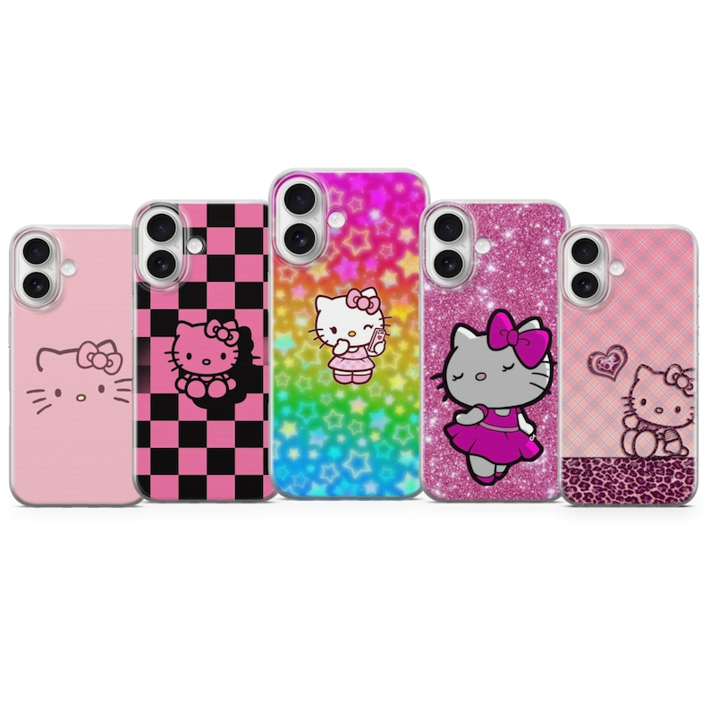 May include: Five phone cases featuring Hello Kitty designs. The cases showcase various patterns, including pink, black and white checkered, a rainbow star pattern, pink glitter, and a pink gingham design. Each case has a different Hello Kitty graphic.