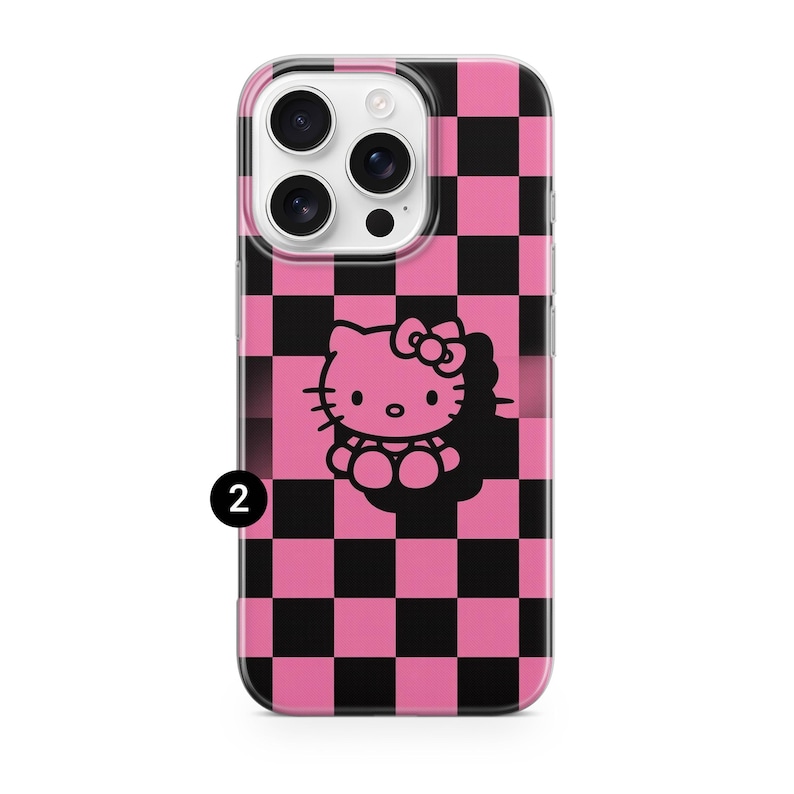 May include: A phone case with a pink and black checkered pattern. The case features a black outline of Hello Kitty in the center. The phone case has a clear border and a camera cutout.