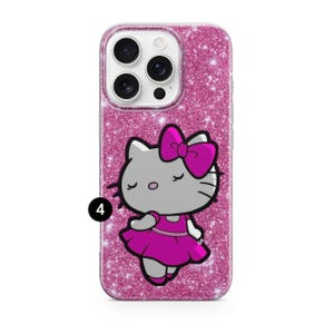 May include: Pink glitter iPhone case featuring a cartoon cat character with a pink bow and dress. The case has a camera cutout and a number 4 in the lower left corner.