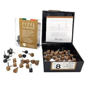 Op de afbeelding: Een doos met 50 paar beige enkellaags schoenverhogers met INFLEX-inzetstukken. De doos is gelabeld "maat 8, pin INFLEX, 50 paar, enkellaags, kleur Beige".