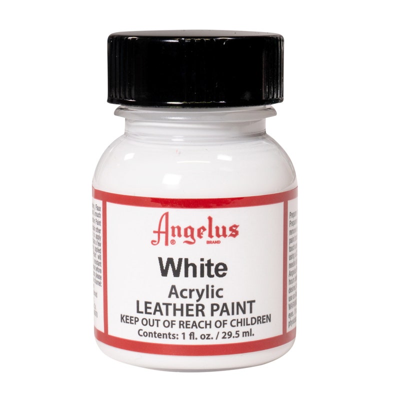 May include: A small white bottle of Angelus brand white acrylic leather paint. The bottle has a black lid and a red label with the text "Angelus White Acrylic Leather Paint Keep Out of Reach of Children Contents: 1 fl. oz. / 29.5 ml."