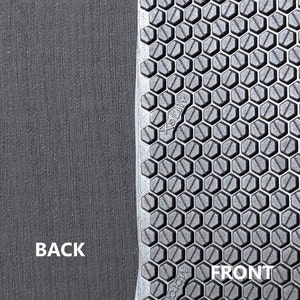 May include: Close-up of a black textured surface with a honeycomb pattern on the right side. The text "X-Grip" is visible on the honeycomb pattern. The left side of the image is a smooth black surface. The text "BACK" is visible on the left side and the text "FRONT" is visible on the right side.