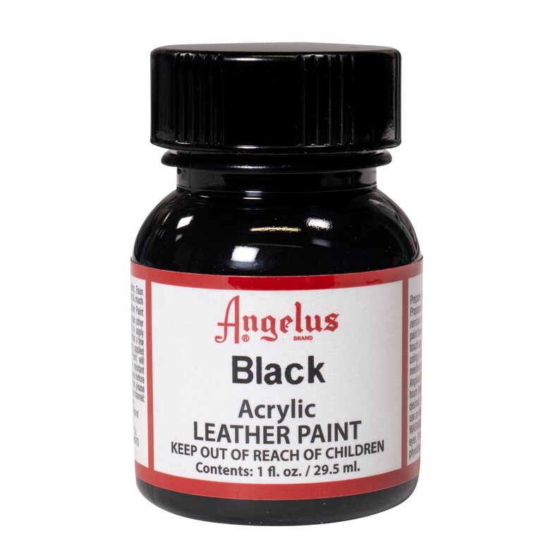 May include: A small black bottle of Angelus brand black acrylic leather paint. The bottle has a red label with the text "Angelus Black Acrylic Leather Paint Keep Out of Reach of Children Contents: 1 fl. oz./29.5 ml."