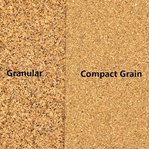 K&ouml;nnte beinhalten: Ein geteiltes Bild, das zwei Arten von Korkmaterial zeigt. Die linke Seite zeigt eine granulare Textur, w&auml;hrend die rechte Seite eine kompakte K&ouml;rnung aufweist. Die Texte "Granular" und "Compact Grain" sind auf den jeweiligen Abschnitten zu sehen.
