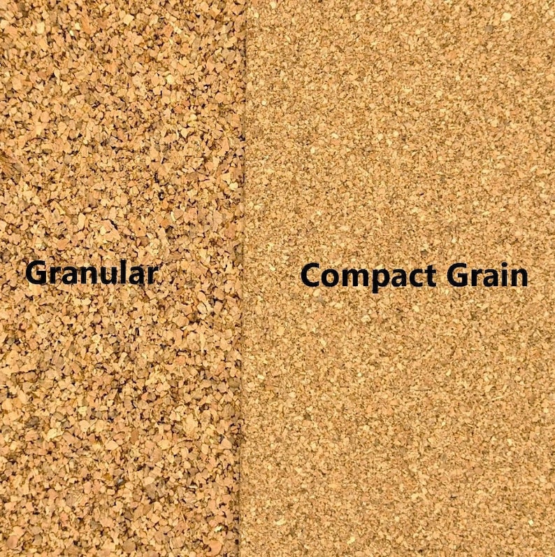 K&ouml;nnte beinhalten: Ein geteiltes Bild, das zwei Arten von Korkmaterial zeigt. Die linke Seite zeigt eine granulare Textur, w&auml;hrend die rechte Seite eine kompakte K&ouml;rnung aufweist. Die Texte "Granular" und "Compact Grain" sind auf den jeweiligen Abschnitten zu sehen.