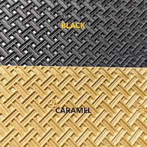 May include: Close-up of two different textured surfaces. The top surface is black with a diamond pattern. The bottom surface is caramel brown with a diamond pattern. The text "BLACK" is printed in yellow on the top surface. The text "CARAMEL" is printed in yellow on the bottom surface.