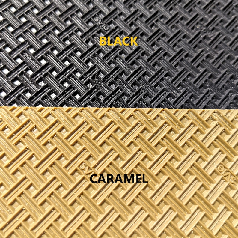 May include: Close-up of two different textured surfaces. The top surface is black with a diamond pattern. The bottom surface is caramel brown with a diamond pattern. The text "BLACK" is printed in yellow on the top surface. The text "CARAMEL" is printed in yellow on the bottom surface.