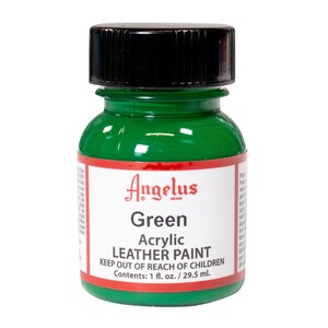 May include: A small bottle of Angelus brand green acrylic leather paint. The bottle is labeled "Green Acrylic Leather Paint" and "Keep out of reach of children". The bottle contains 1 fluid ounce or 29.5 milliliters of paint.