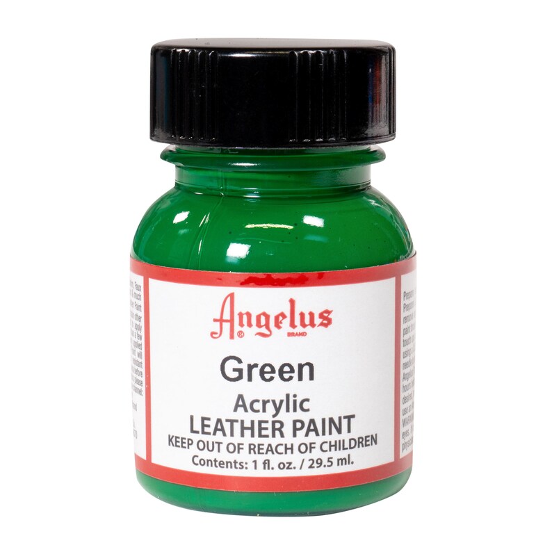 May include: A small bottle of Angelus brand green acrylic leather paint. The bottle is labeled "Green Acrylic Leather Paint" and "Keep out of reach of children". The bottle contains 1 fluid ounce or 29.5 milliliters of paint.